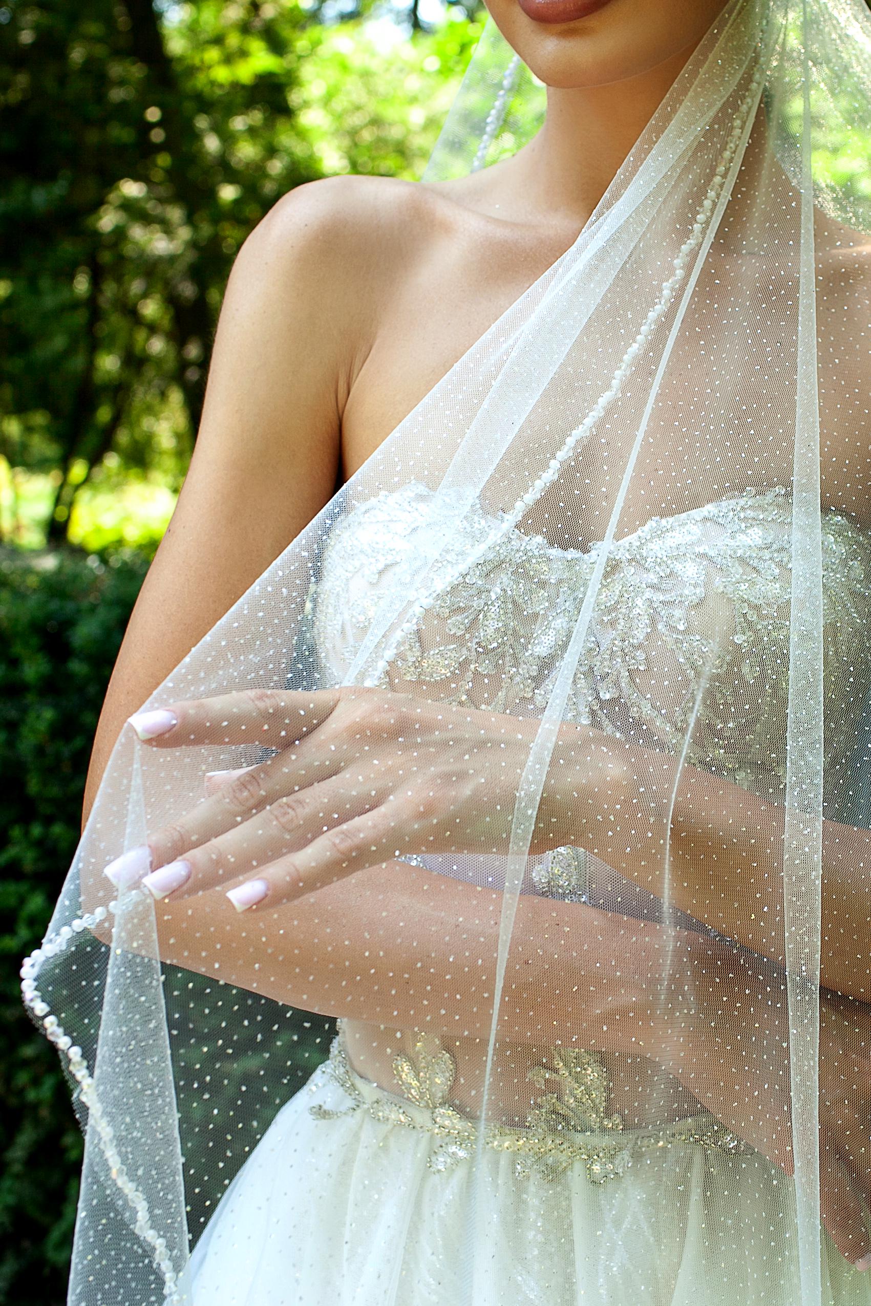 Glitter Wedding Veil with Pearl and Crystal Embroidery | Sparkly Bridal Veil