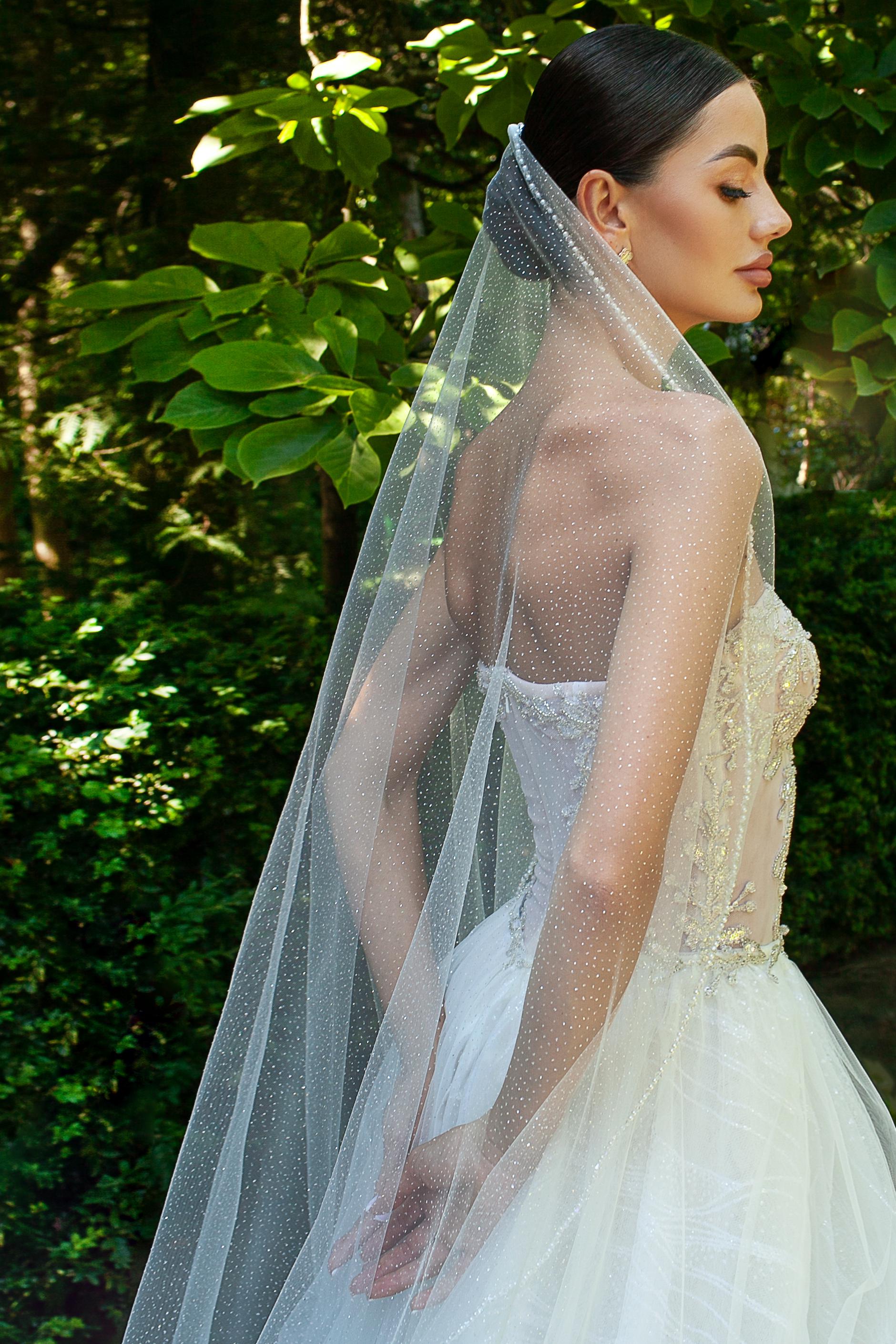 Glitter Wedding Veil with Pearl and Crystal Embroidery | Sparkly Bridal Veil