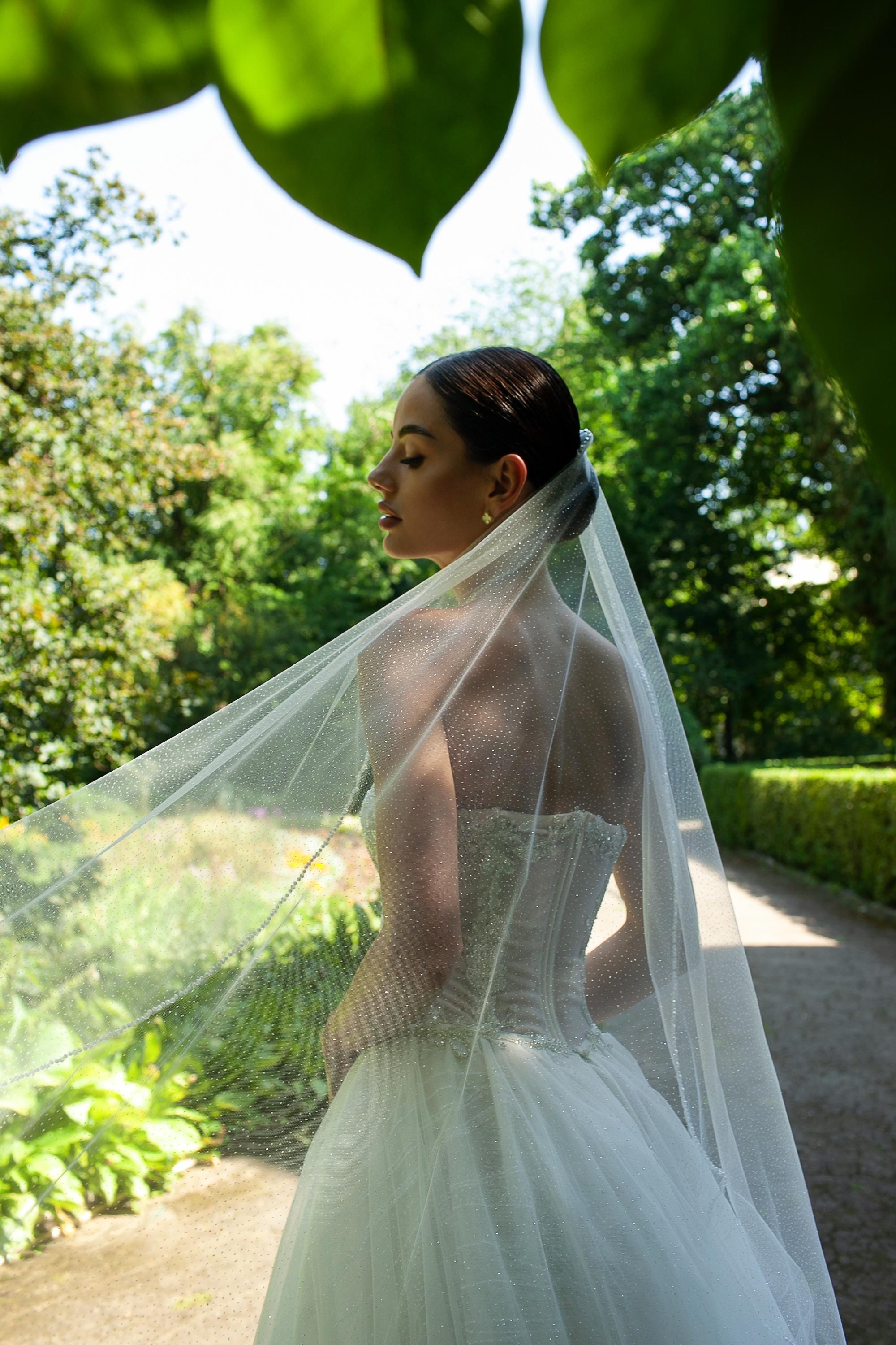 Glitter Wedding Veil with Pearl and Crystal Embroidery | Sparkly Bridal Veil