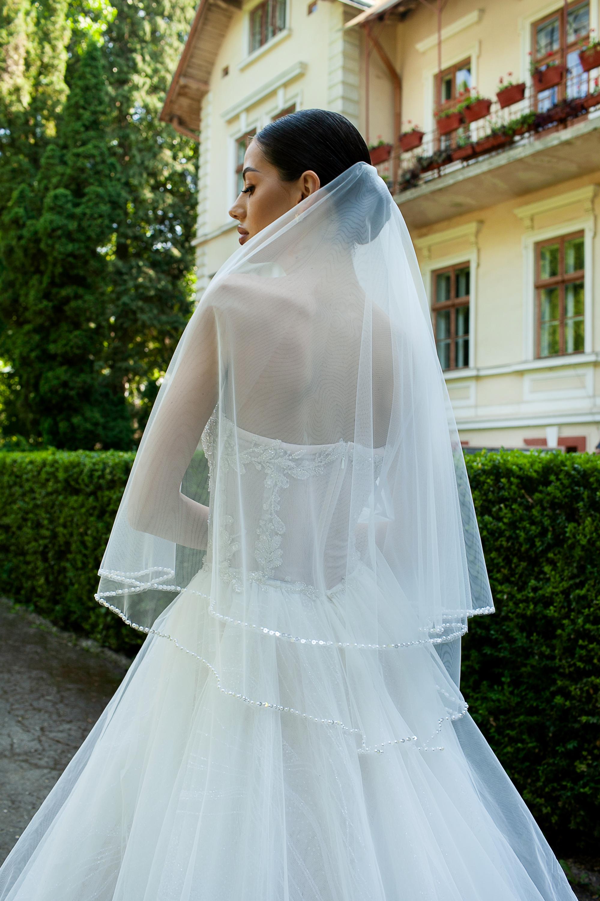 Two Tier Wedding Veil with Pearls and Sequins in Different Sizes