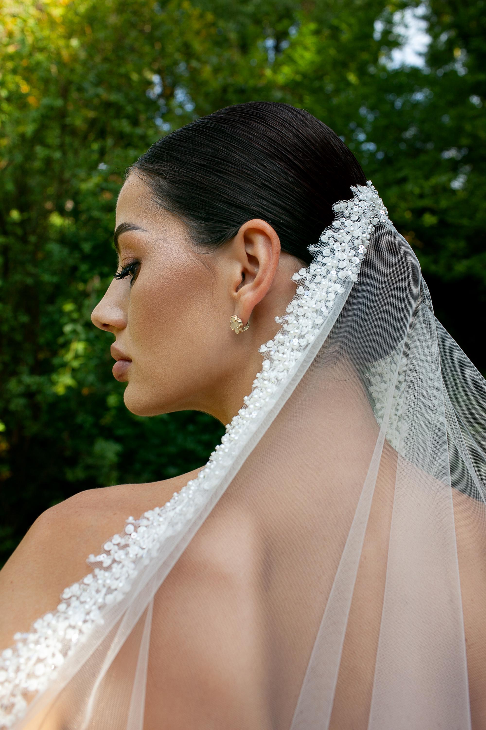 Wedding Veil with Embroidered Strip of Pearls, Sequins and Beads