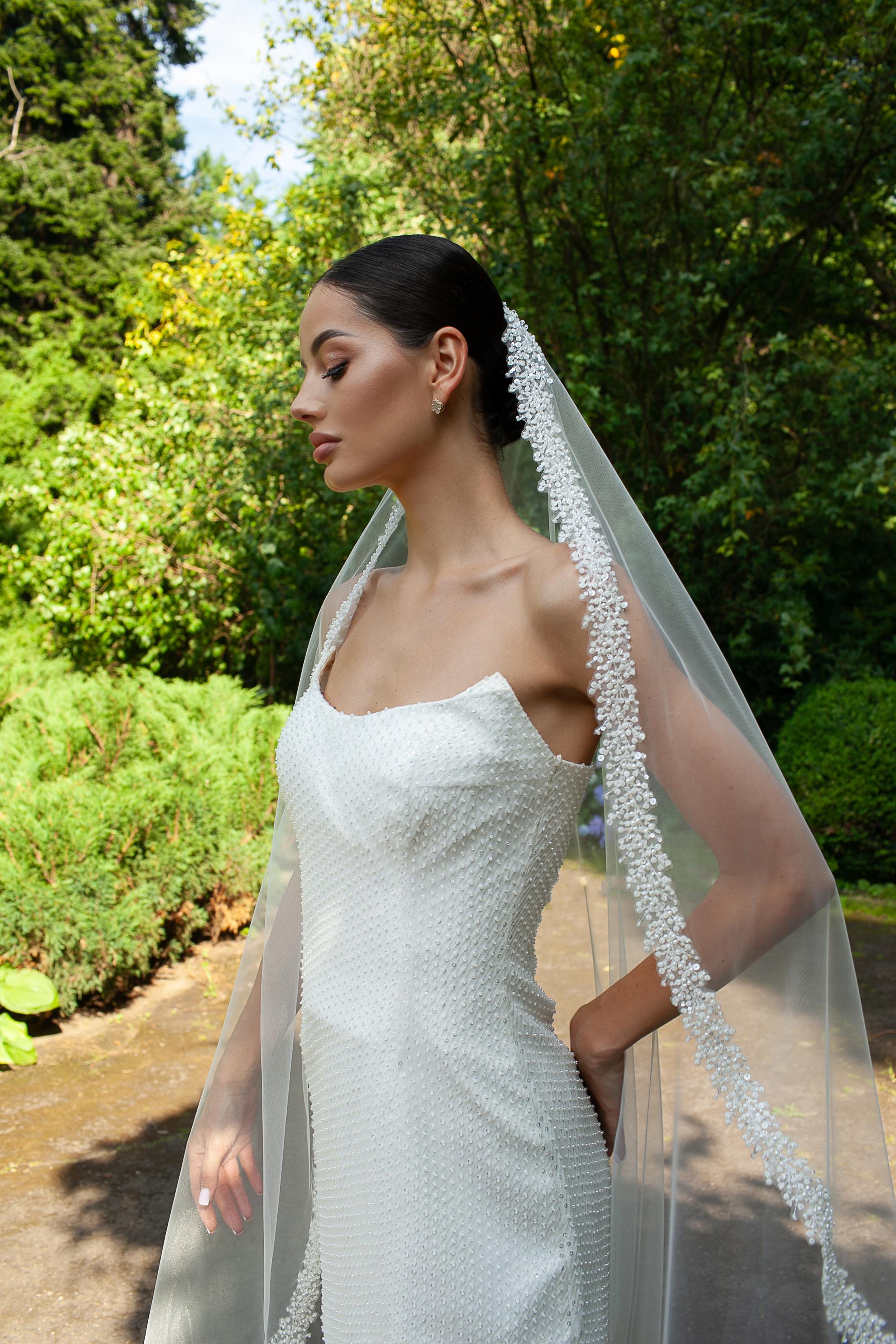 Wedding Veil with Embroidered Strip of Pearls, Sequins and Beads