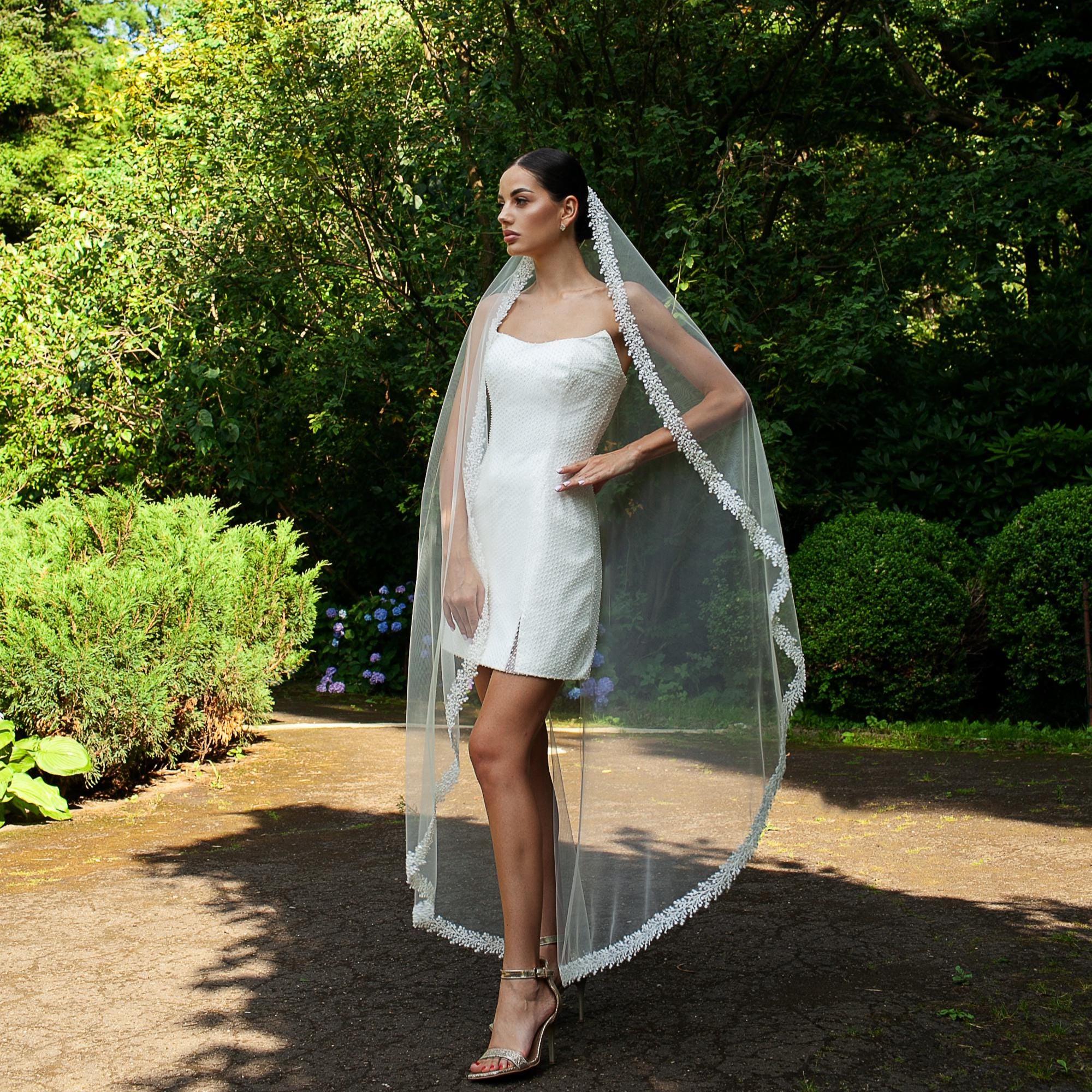 Wedding Veil with Embroidered Strip of Pearls, Sequins and Beads