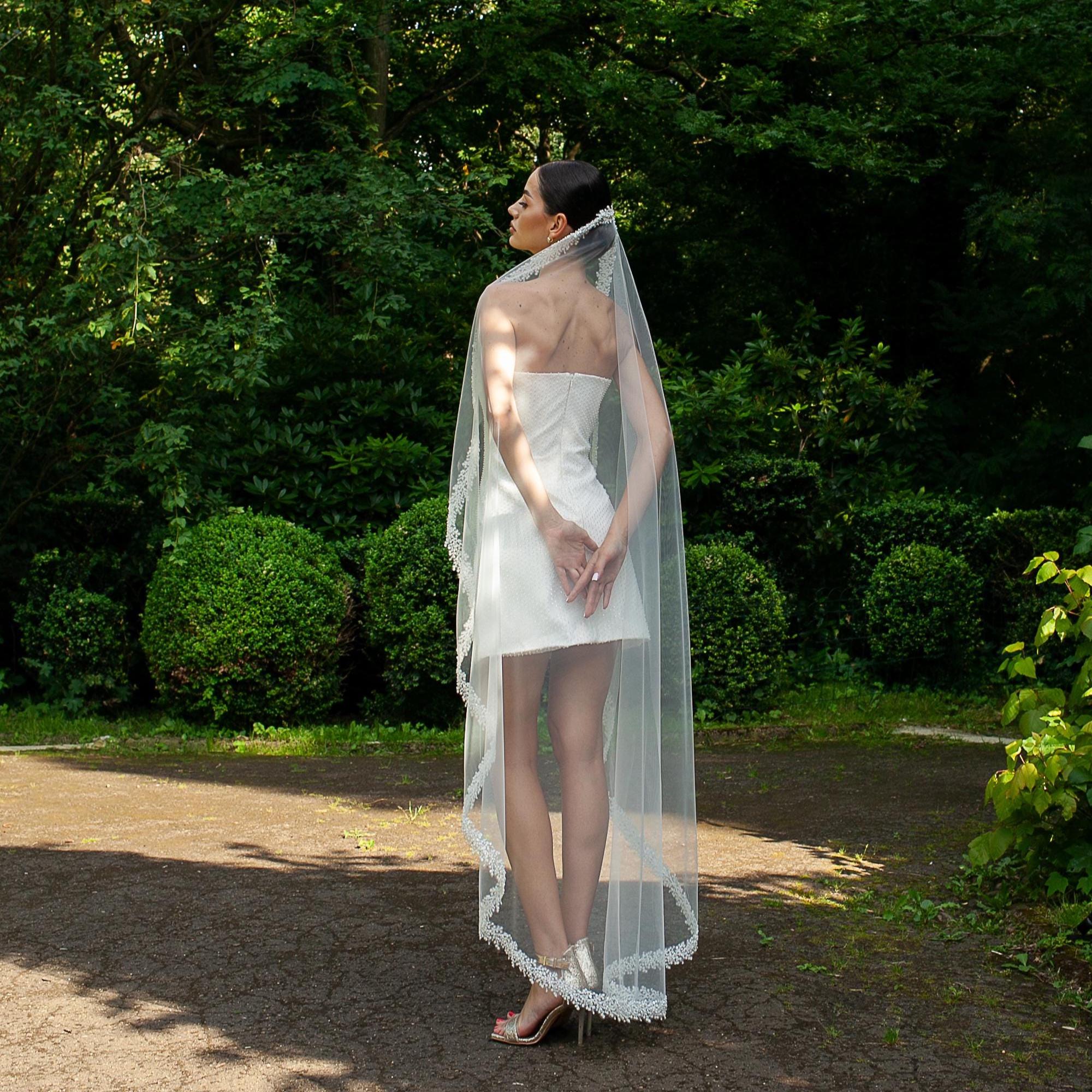 Wedding Veil with Embroidered Strip of Pearls, Sequins and Beads