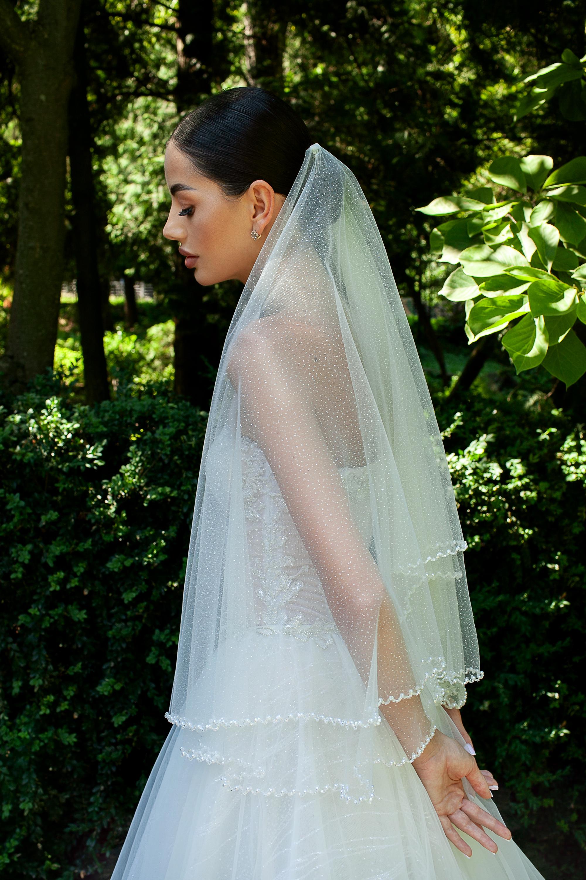 Two Tier Pearl Beaded Glitter Wedding Veil in Different Sizes