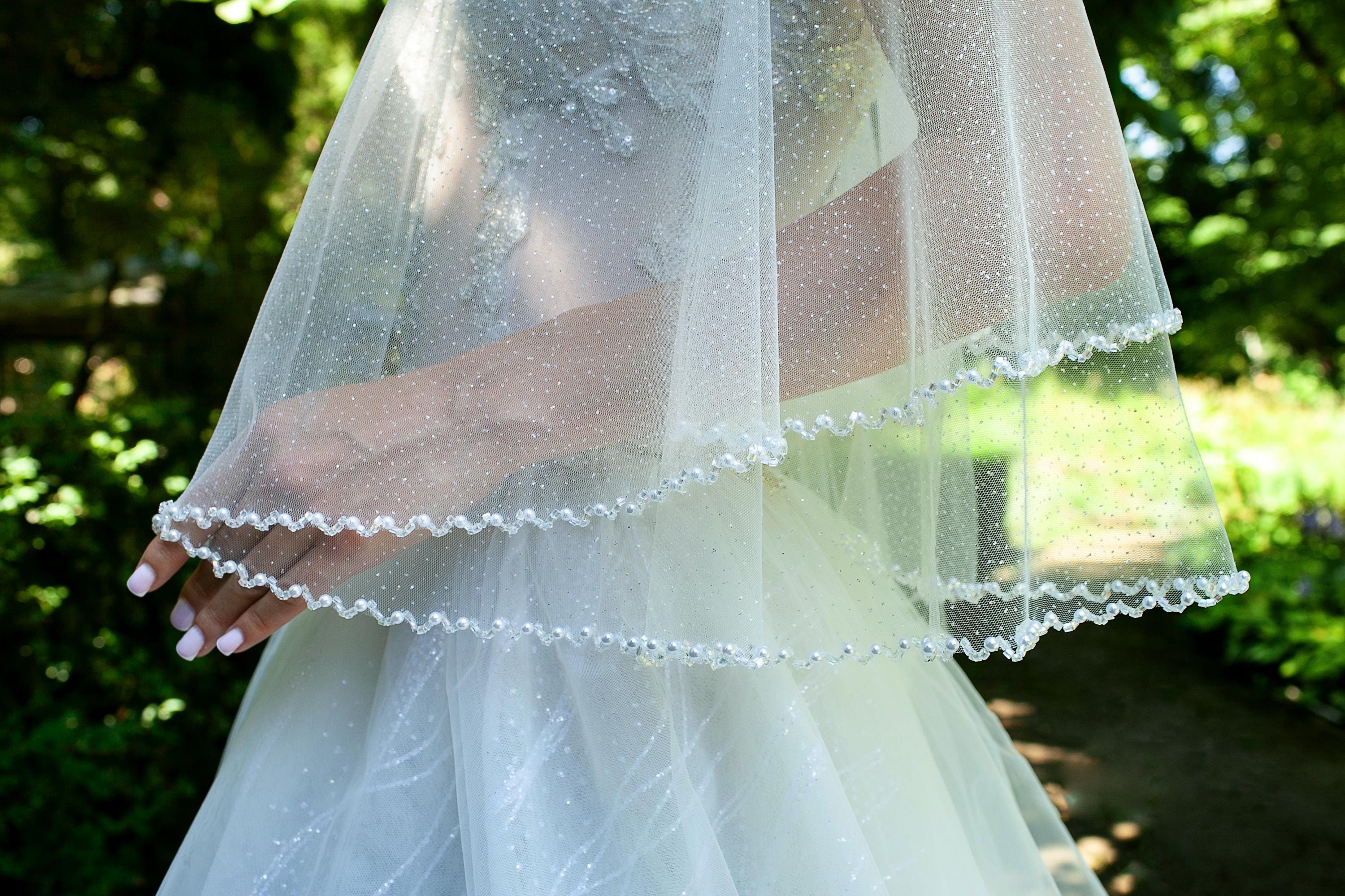 Two Tier Pearl Beaded Glitter Wedding Veil in Different Sizes