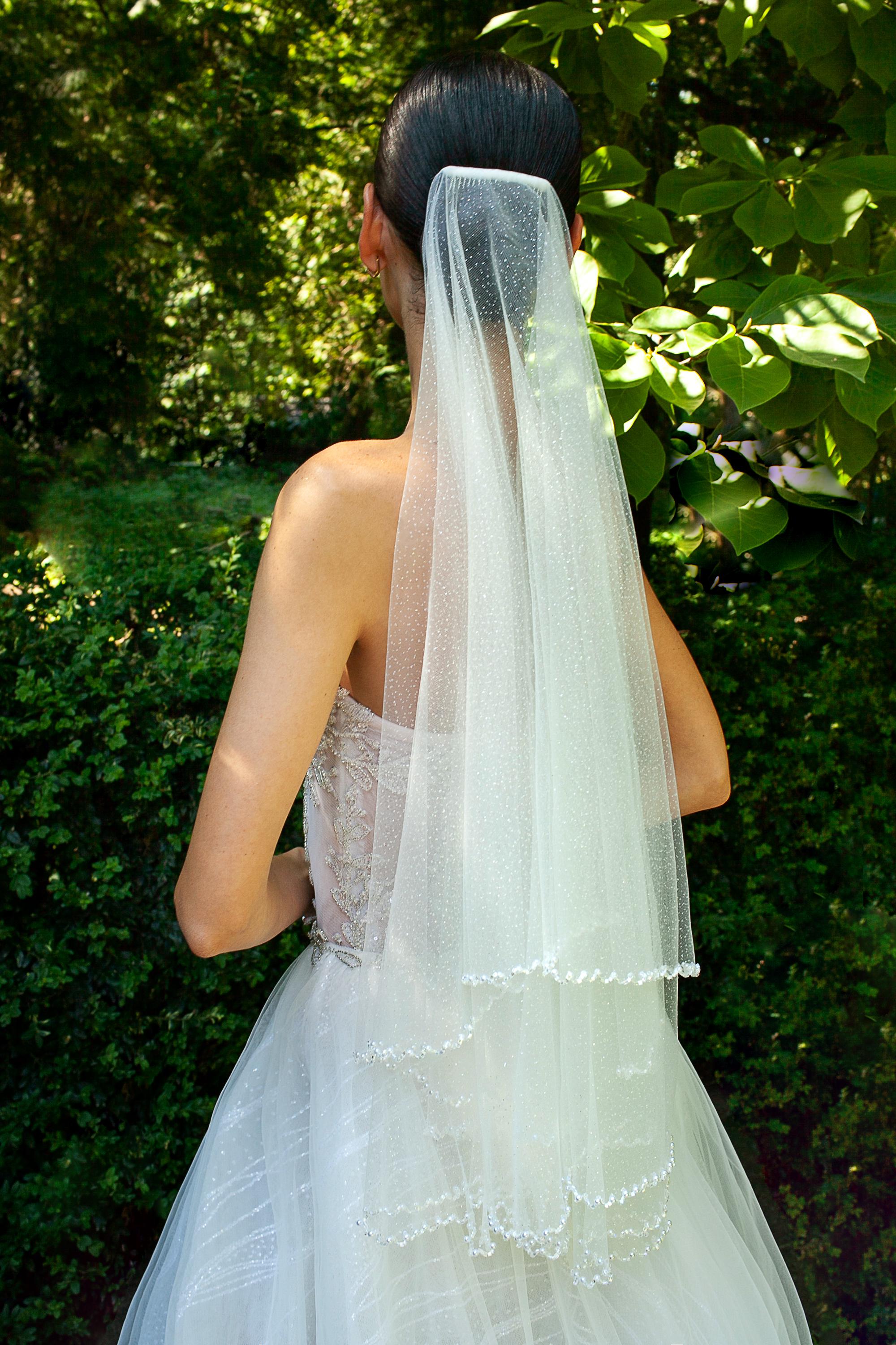 Two Tier Pearl Beaded Glitter Wedding Veil in Different Sizes