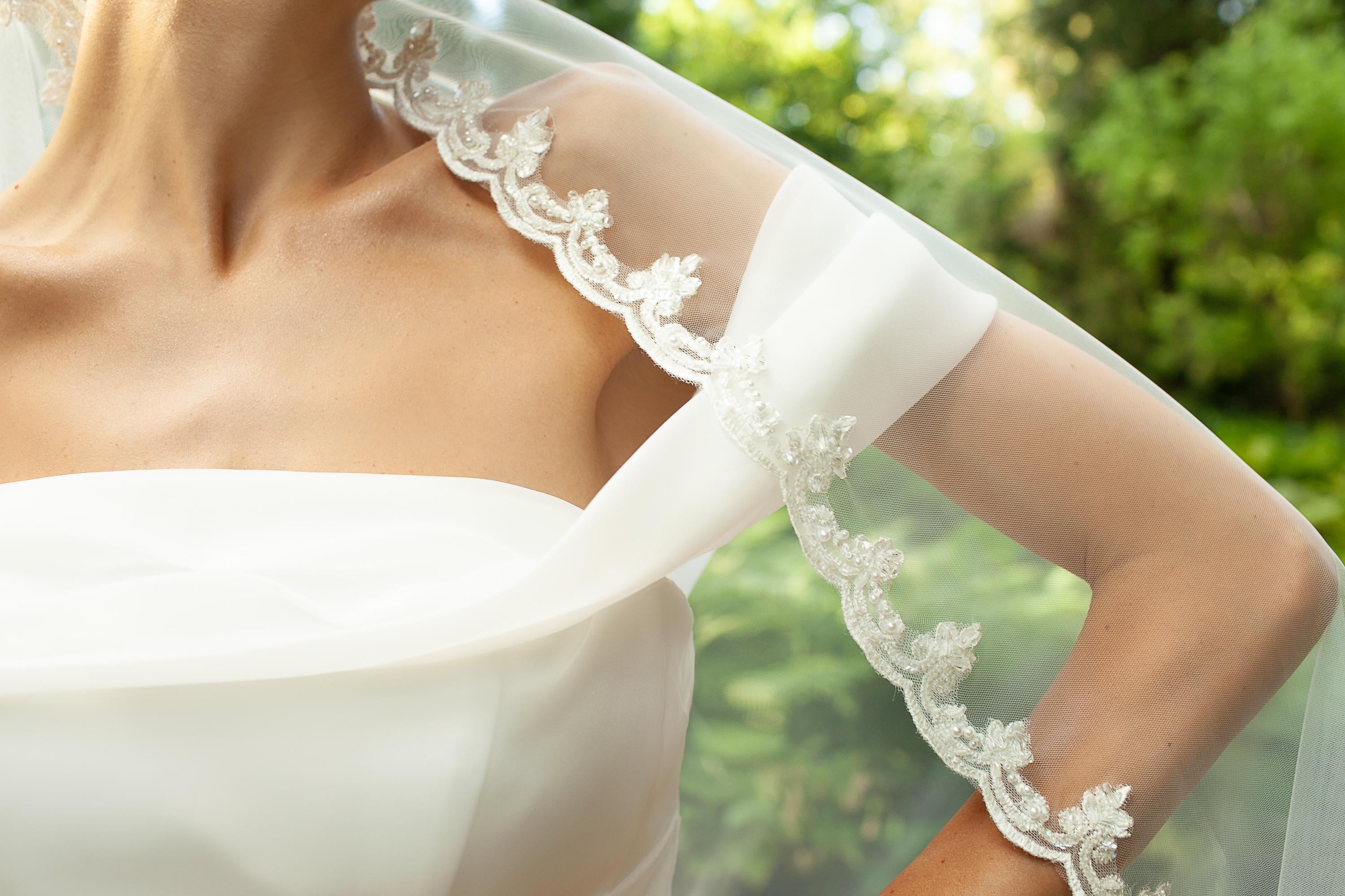 Wedding Veil with Lace Trim Pearls Crystals
