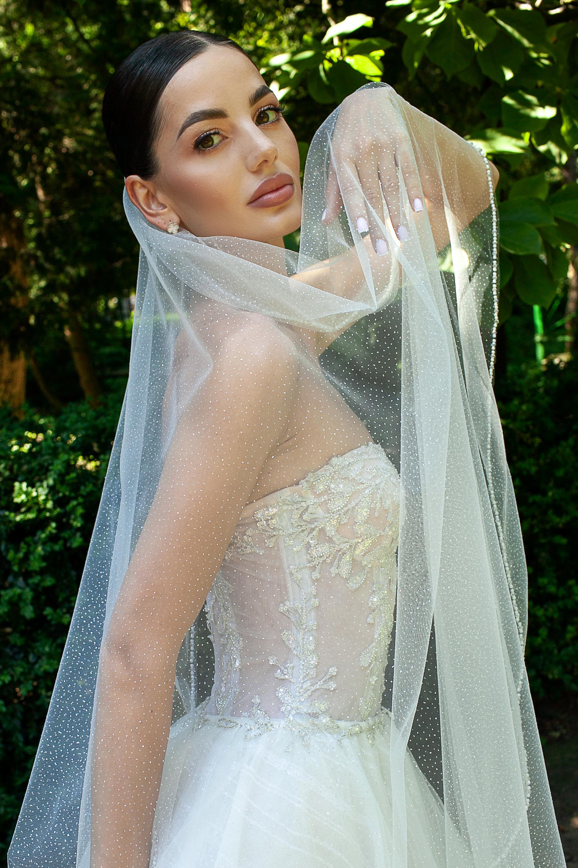 Glitter Wedding Veil with Pearl and Crystal Embroidery | Sparkly Bridal Veil