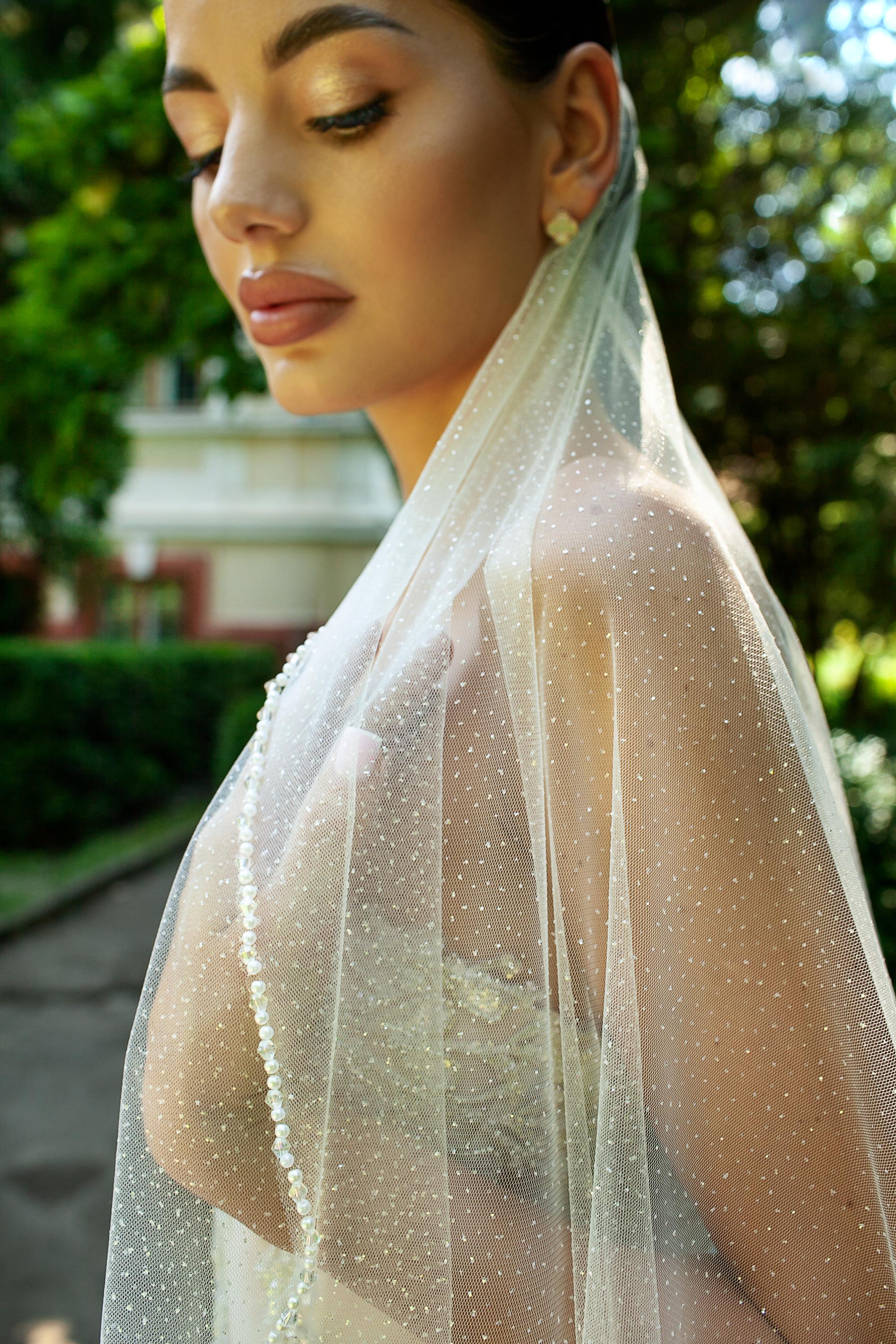 Glitter Wedding Veil with Pearl and Crystal Embroidery | Sparkly Bridal Veil