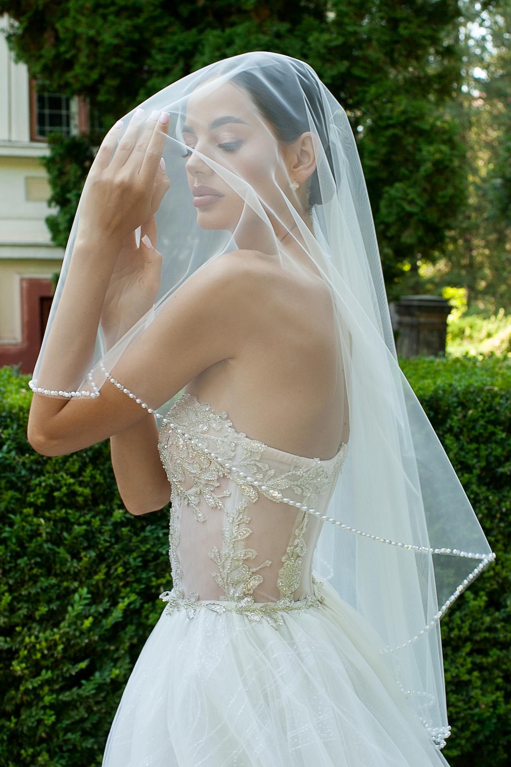 Two Tier Wedding Veil with Pearls and Sequins in Different Sizes