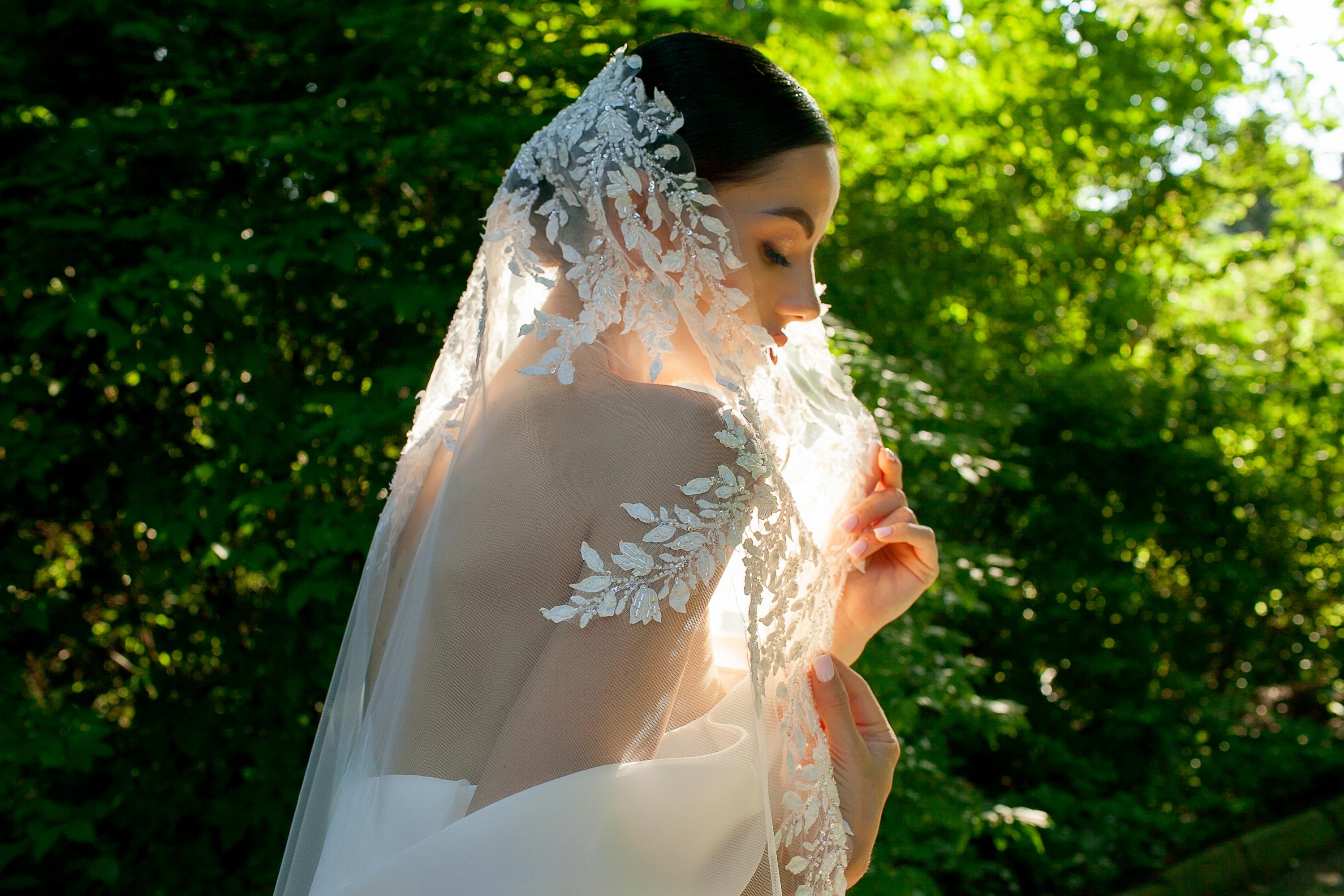 Elegant Lace Bridal Veil | Embroidered with Pearls, Beads & Sequins