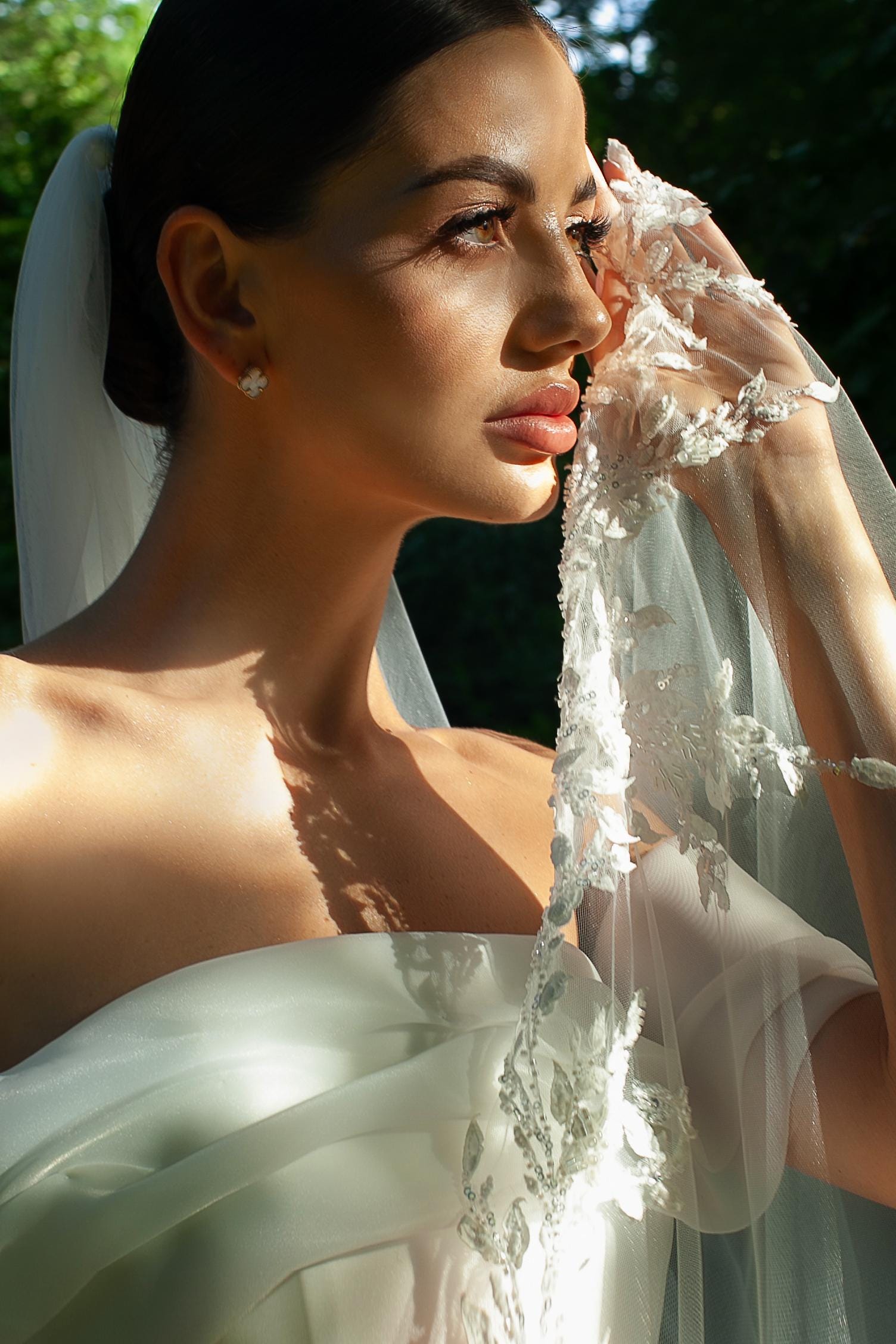 Elegant Lace Bridal Veil | Embroidered with Pearls, Beads & Sequins