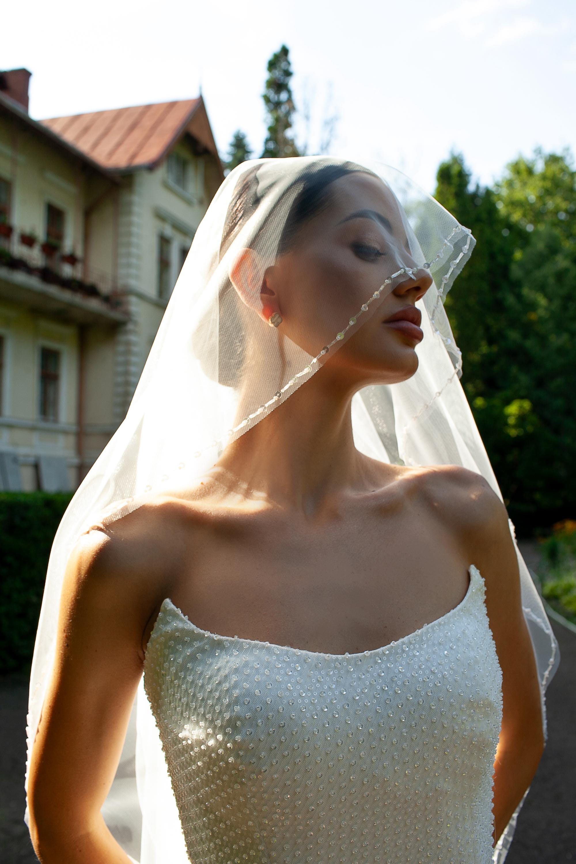 Two Tier Wedding Veil with Beaded and Sequins in Different Sizes