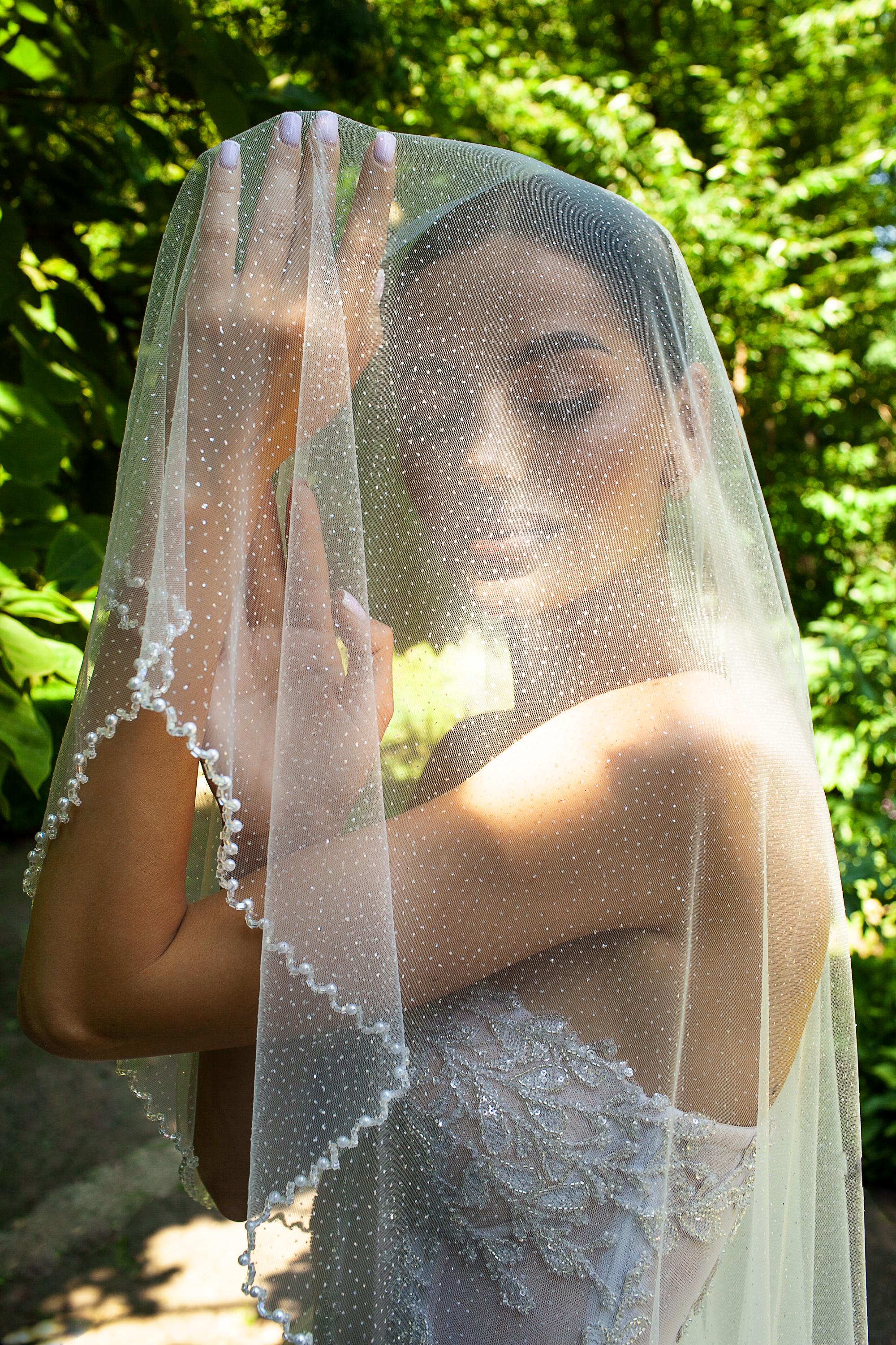 Two Tier Pearl Beaded Glitter Wedding Veil in Different Sizes