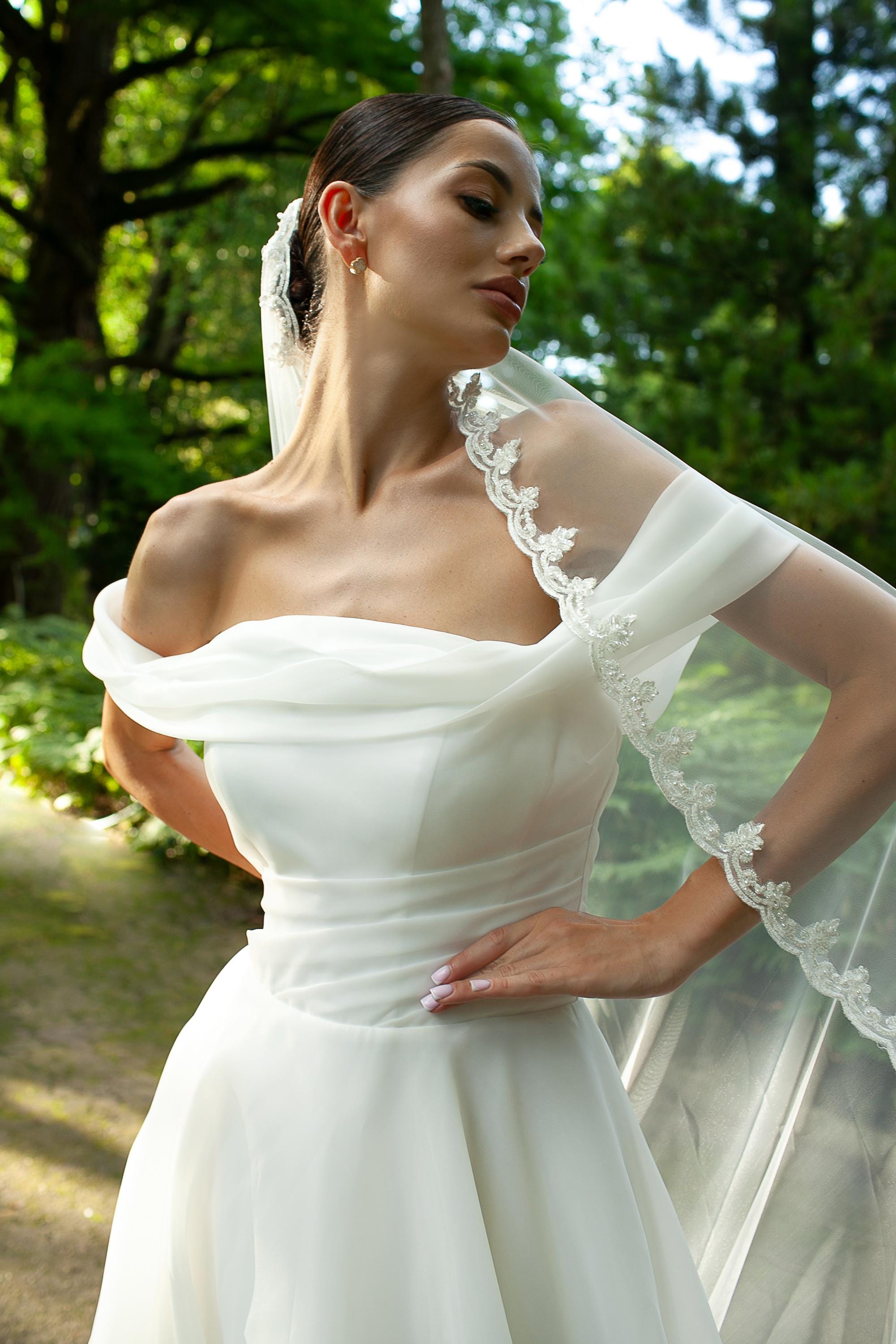 Wedding Veil with Lace Trim Pearls Crystals