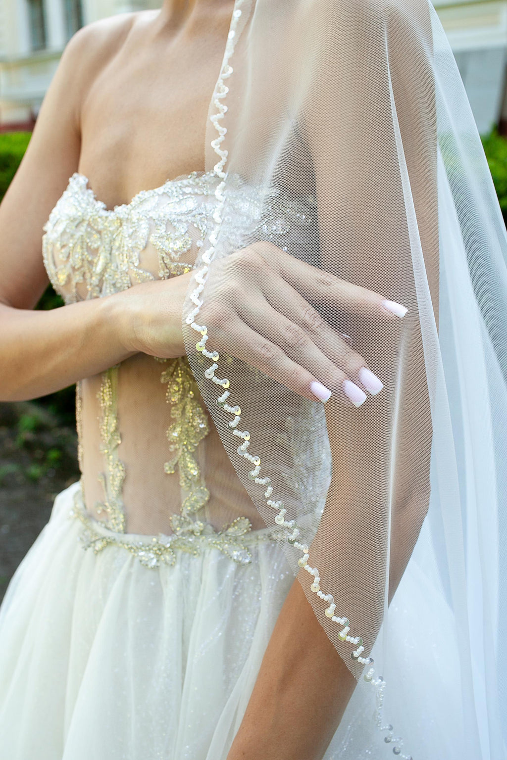 Wedding Veil Embroidered with Beads and Sequins