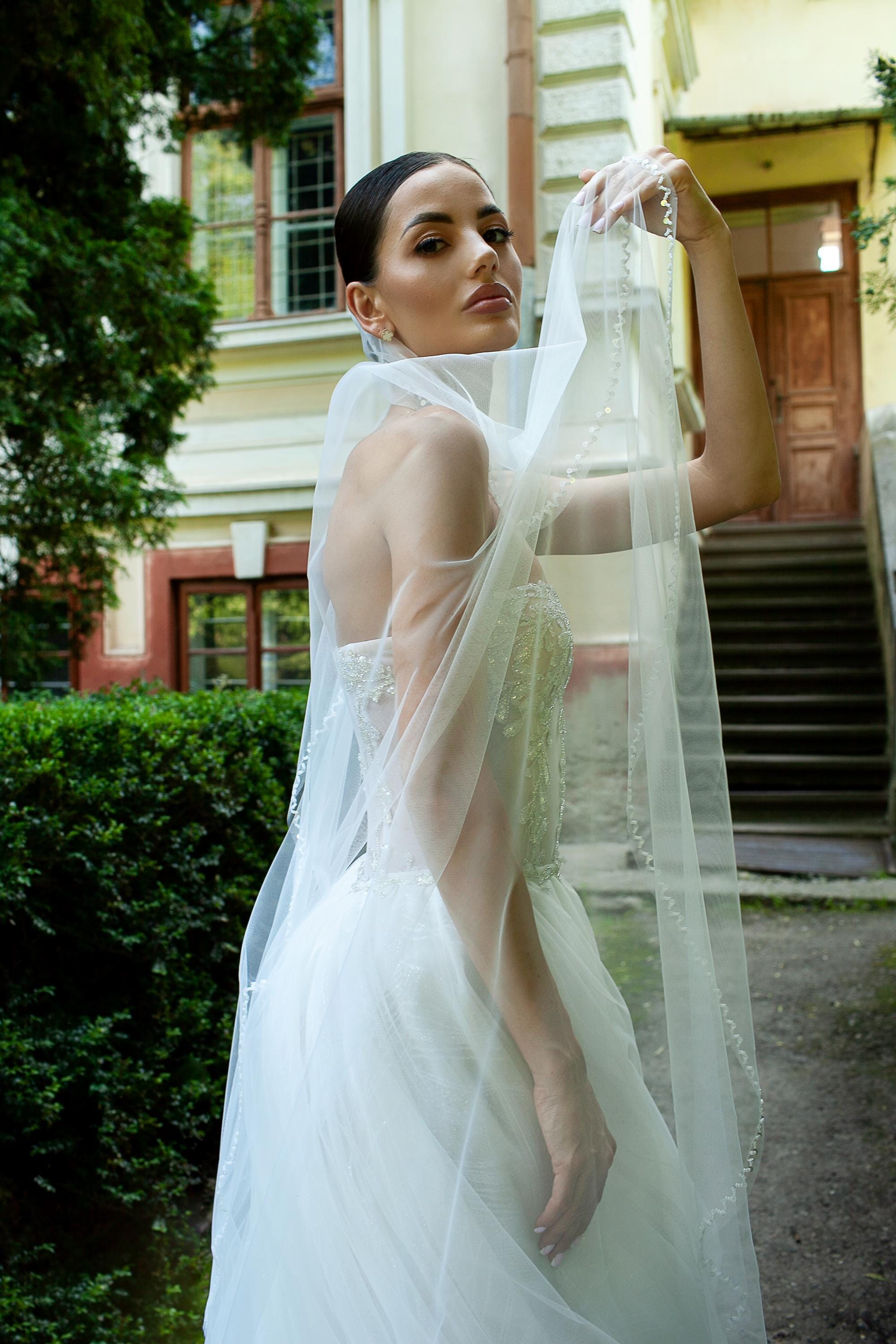 Wedding Veil Embroidered with Beads and Sequins