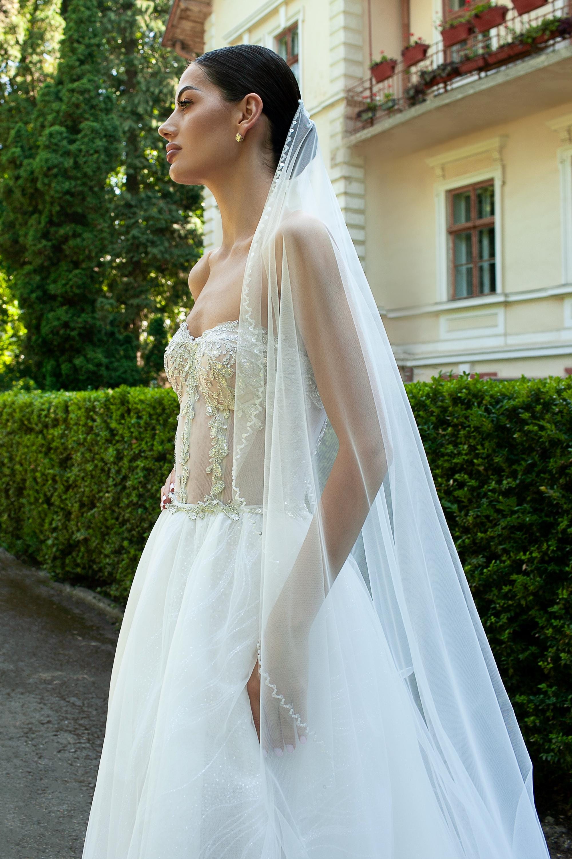 Wedding Veil Embroidered with Beads and Sequins